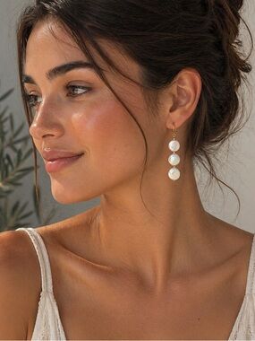 Gold Filled and Opalescent Pearl Drop Earrings - Triple White Coin Pearl Dangle